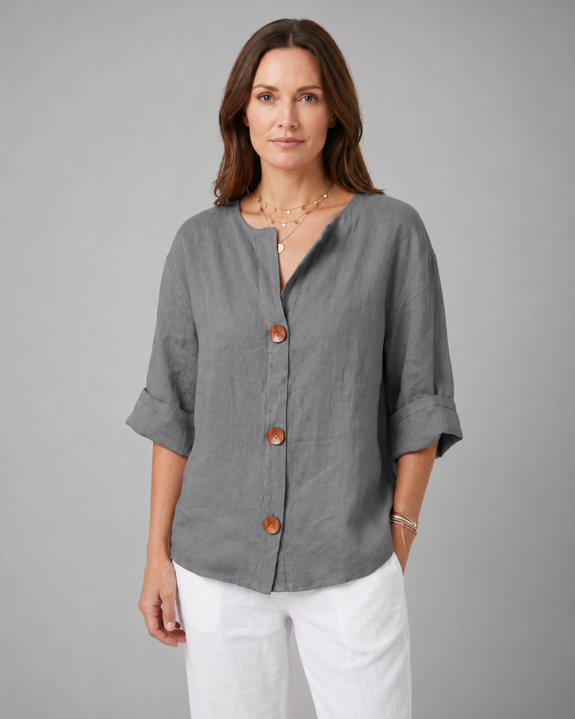 Women's Lightweight Blouse – Split Neck with 3/4 Sleeves – Relaxed Fit