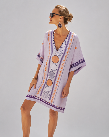Women's Cotton-Linen Kaftan Dress – Intricate Bohemian Embroidery, Relaxed Fit
