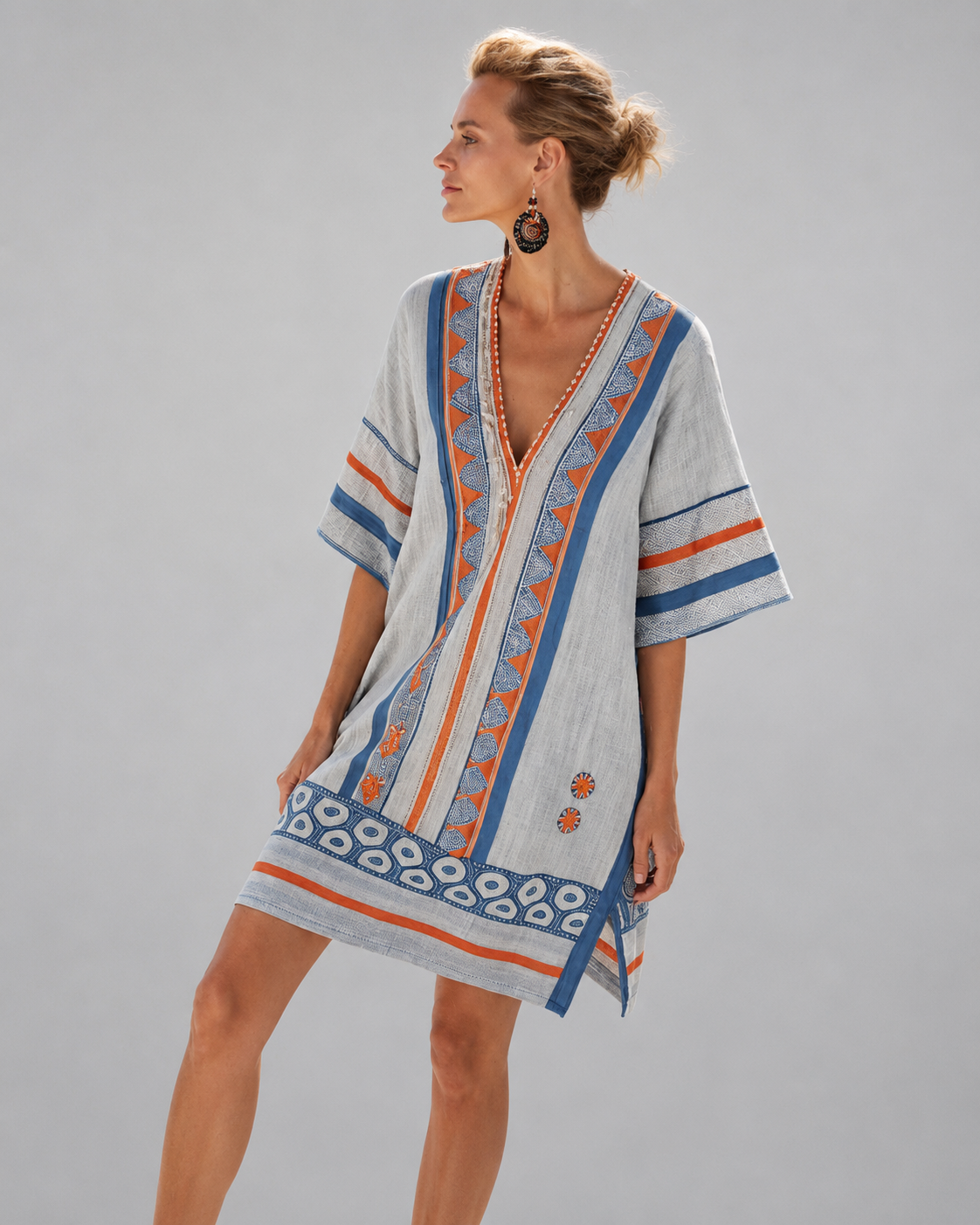 Women's Cotton-Linen Kaftan Dress – Intricate Bohemian Embroidery, Relaxed Fit