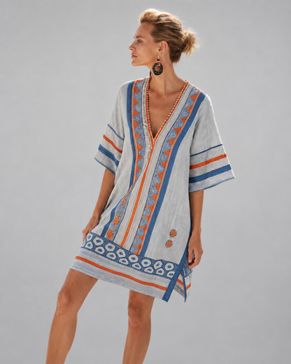 Women's Cotton-Linen Kaftan Dress – Intricate Bohemian Embroidery, Relaxed Fit