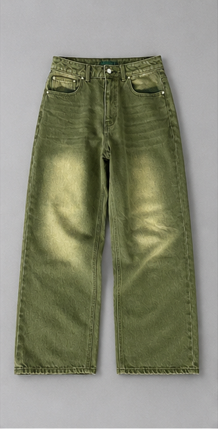 Men's Wide Leg Jeans – Matcha Green Washed Gradient Denim – Loose Fit