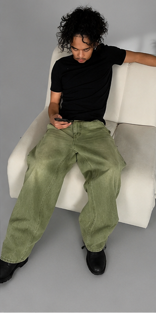 Men's Wide Leg Jeans – Matcha Green Washed Gradient Denim – Loose Fit
