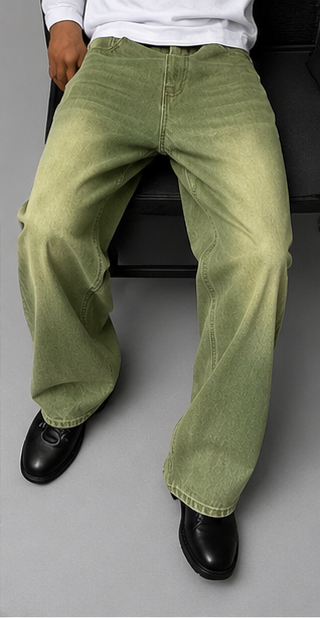 Men's Wide Leg Jeans – Matcha Green Washed Gradient Denim – Loose Fit