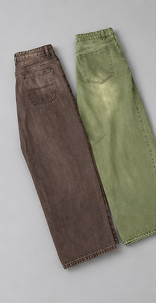 Men's Wide Leg Jeans – Matcha Green Washed Gradient Denim – Loose Fit