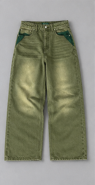 Men's Wide Leg Jeans – Matcha Green Washed Gradient Denim – Loose Fit