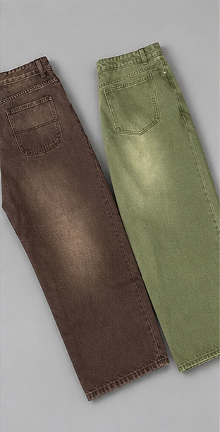 Men's Wide Leg Jeans – Matcha Green Washed Gradient Denim – Loose Fit