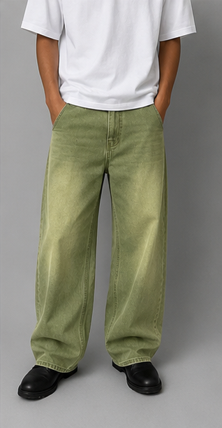 Men's Wide Leg Jeans – Matcha Green Washed Gradient Denim – Loose Fit