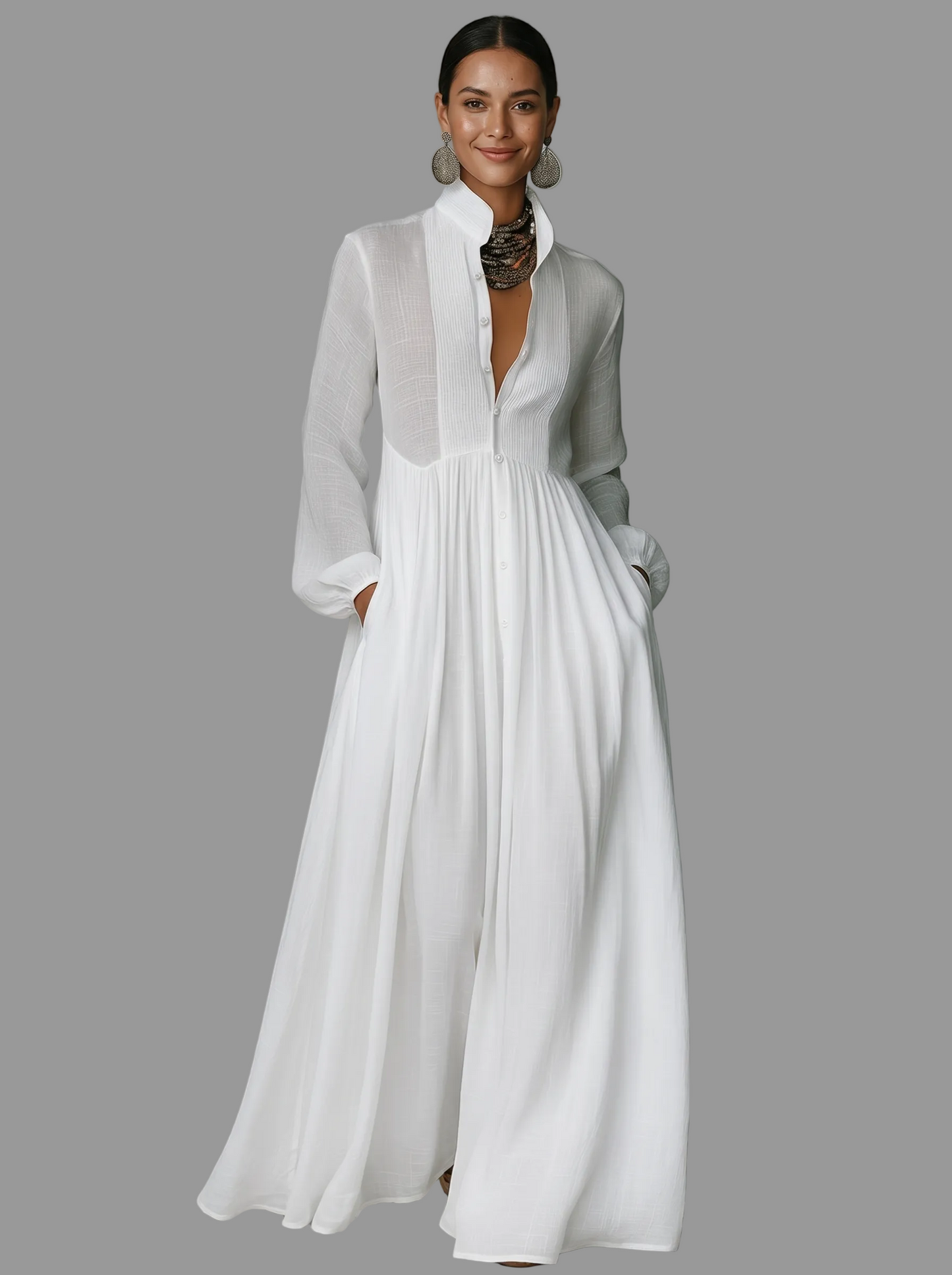 Women's Cotton Linen Maxi Dress – Stand-Up Collar with Patchwork Design 0