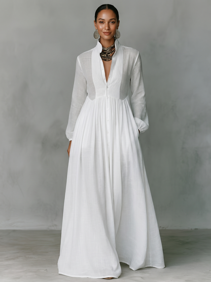 Women's Cotton Linen Maxi Dress – Stand-Up Collar with Patchwork Design 1