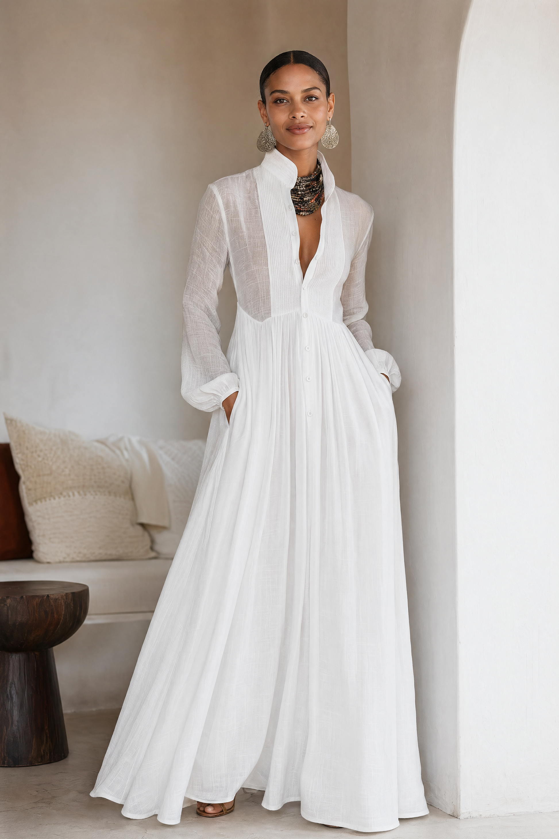 Women's Cotton Linen Maxi Dress – Stand-Up Collar with Patchwork Design 2