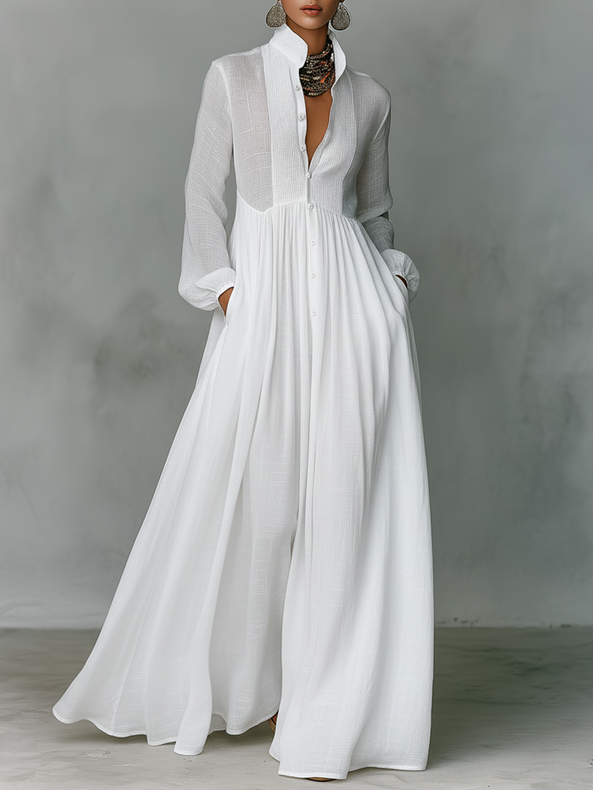 Women's Cotton Linen Maxi Dress – Stand-Up Collar with Patchwork Design 3