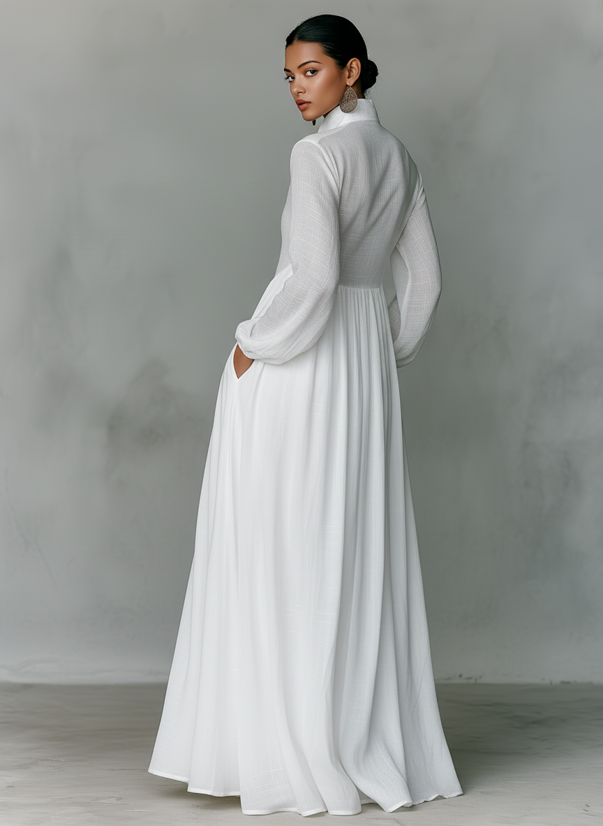 Women's Cotton Linen Maxi Dress – Stand-Up Collar with Patchwork Design 4