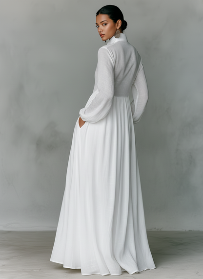 Women's Cotton Linen Maxi Dress – Stand-Up Collar with Patchwork Design 4