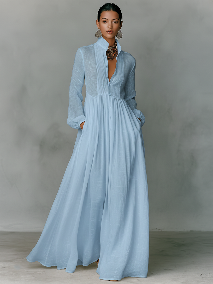 Women's Cotton Linen Maxi Dress – Stand-Up Collar with Patchwork Design 5