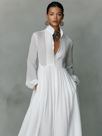 Women's Cotton Linen Maxi Dress – Stand-Up Collar with Patchwork Design 7