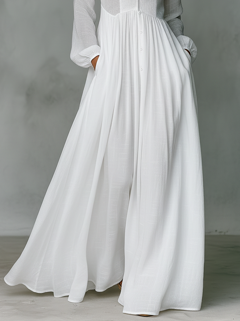 Women's Cotton Linen Maxi Dress – Stand-Up Collar with Patchwork Design 8