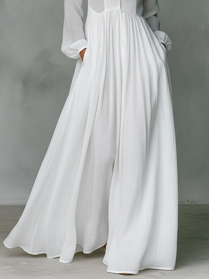 Women's Cotton Linen Maxi Dress – Stand-Up Collar with Patchwork Design 8