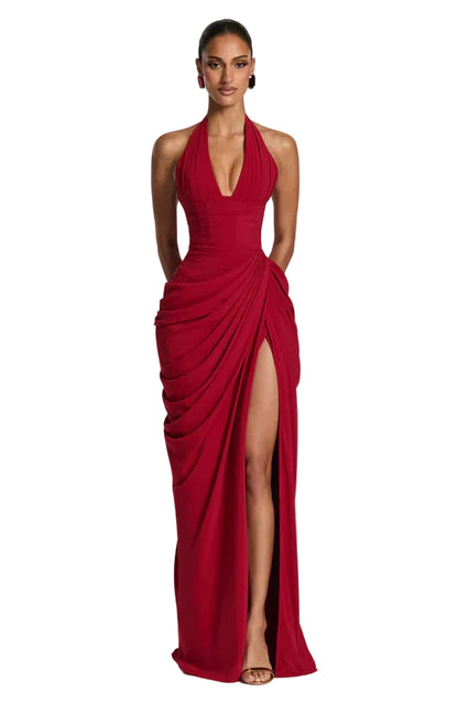 Women's Halter Neck Maxi Dress – Sculpted Fit with High Slit