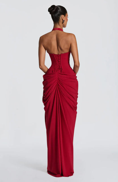 Women's Halter Neck Maxi Dress – Sculpted Fit with High Slit