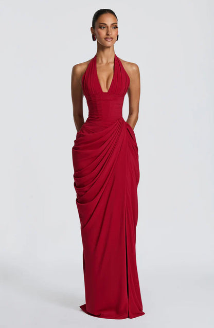 Women's Halter Neck Maxi Dress – Sculpted Fit with High Slit