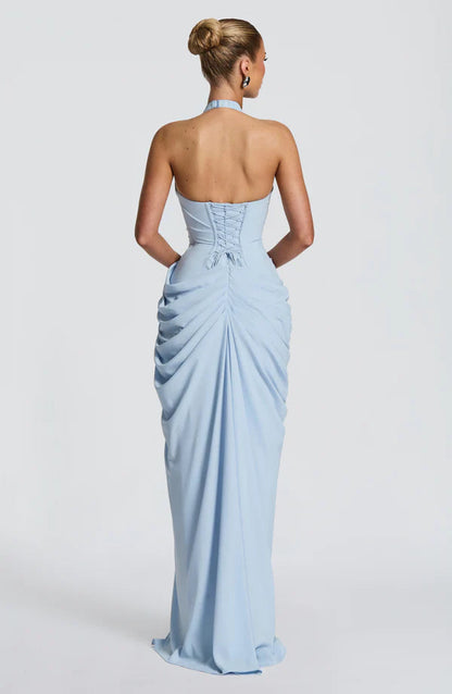 Women's Halter Neck Maxi Dress – Sculpted Fit with High Slit