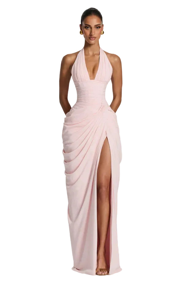 Women's Halter Neck Maxi Dress – Sculpted Fit with High Slit