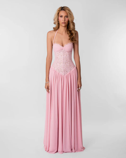 Women's Lace Maxi Dress – Halter Neckline with Corset-Inspired Fit