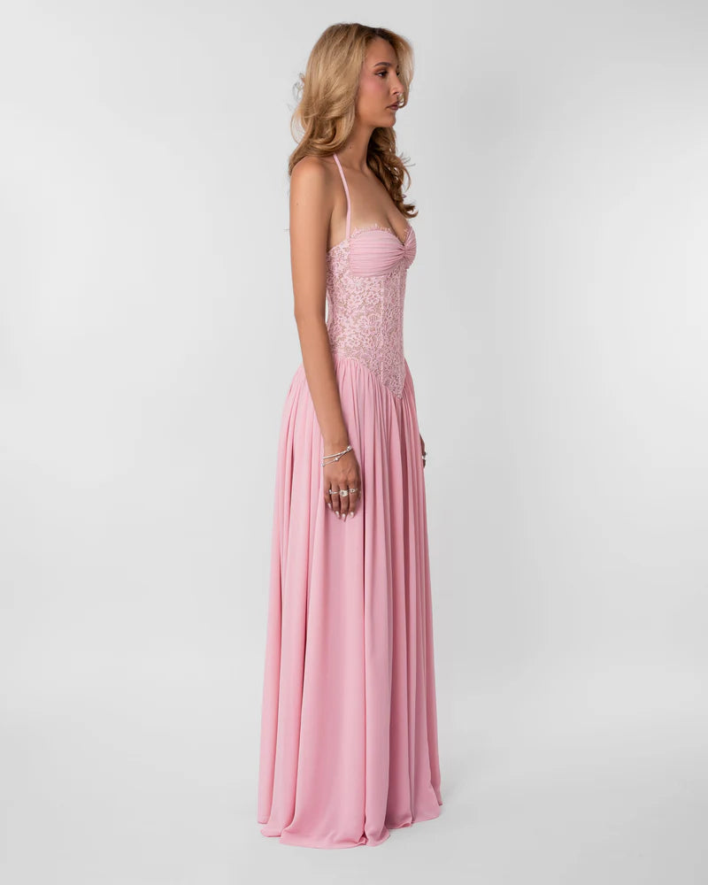 Women's Lace Maxi Dress – Halter Neckline with Corset-Inspired Fit