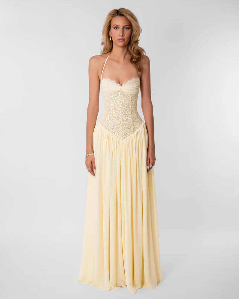 Women's Lace Maxi Dress – Halter Neckline with Corset-Inspired Fit