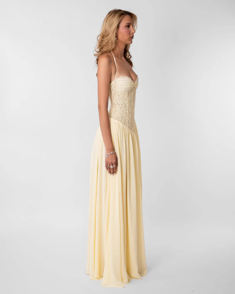 Women's Lace Maxi Dress – Halter Neckline with Corset-Inspired Fit