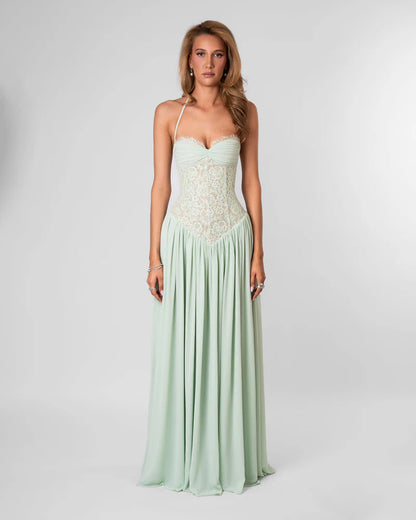 Women's Lace Maxi Dress – Halter Neckline with Corset-Inspired Fit