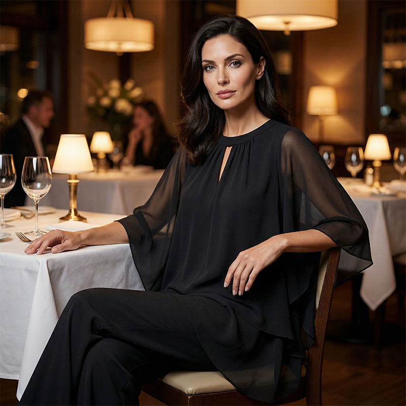 Women's Premium Loungewear Set – Asymmetrical Blouse with Relaxed Wide-Leg Trousers 5