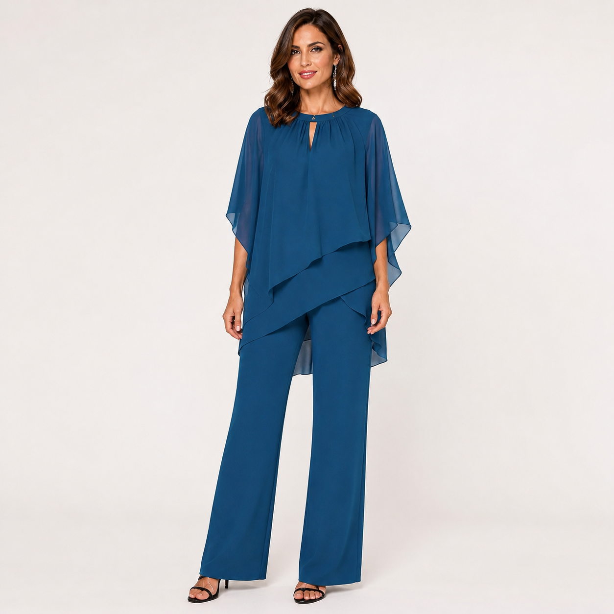 Womens Layered Two-Piece Set – Flowy Overlay Top With Wide-Leg Trousers 1