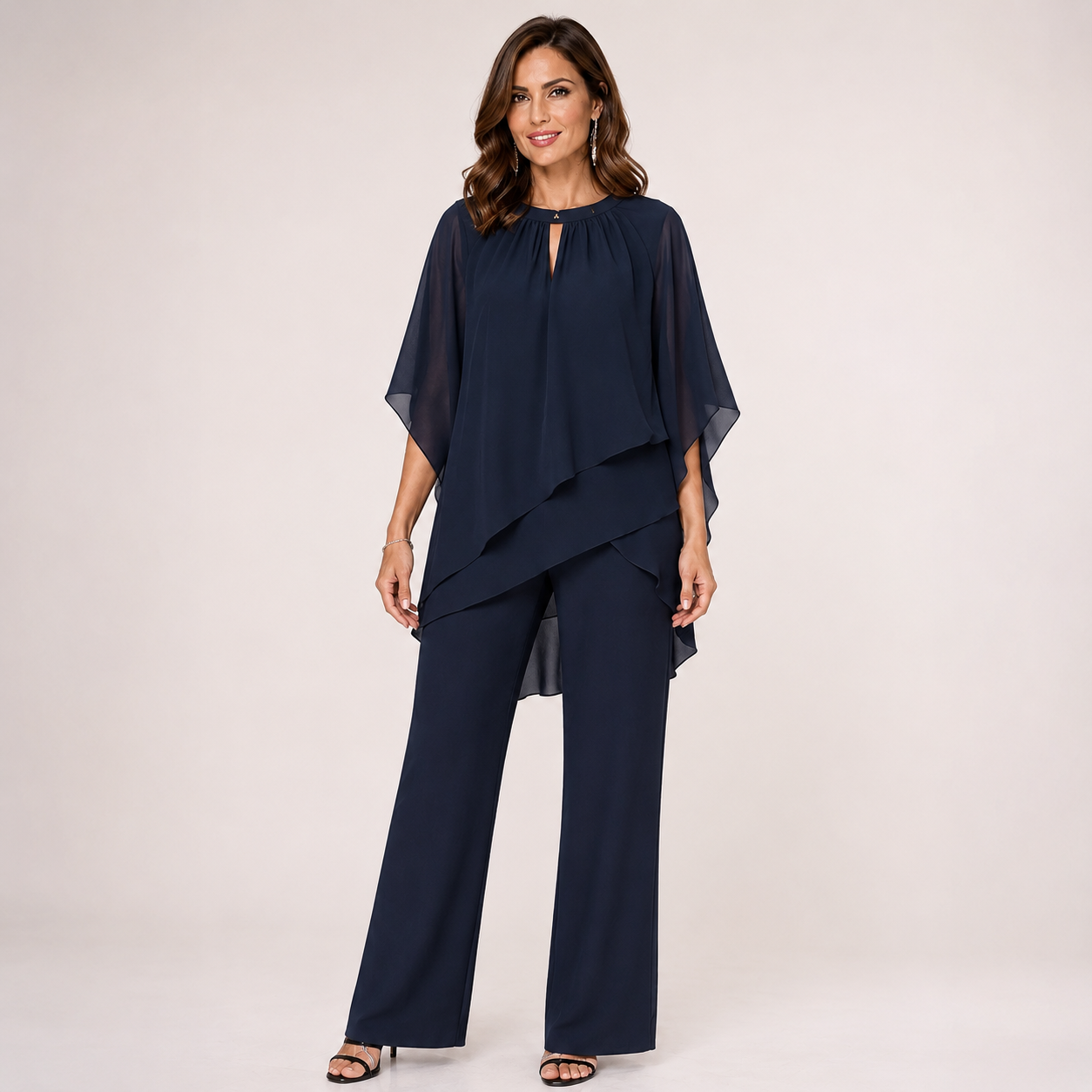 Womens Layered Two-Piece Set – Flowy Overlay Top With Wide-Leg Trousers 1