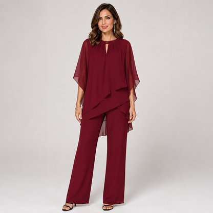 Womens Layered Two-Piece Set – Flowy Overlay Top With Wide-Leg Trousers 1